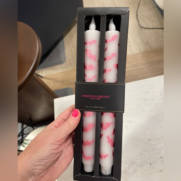 Pink Halloween Glitter Bat LED Taper Candle Set of 2 Christian Siriano NWT - Picture 2 of 2